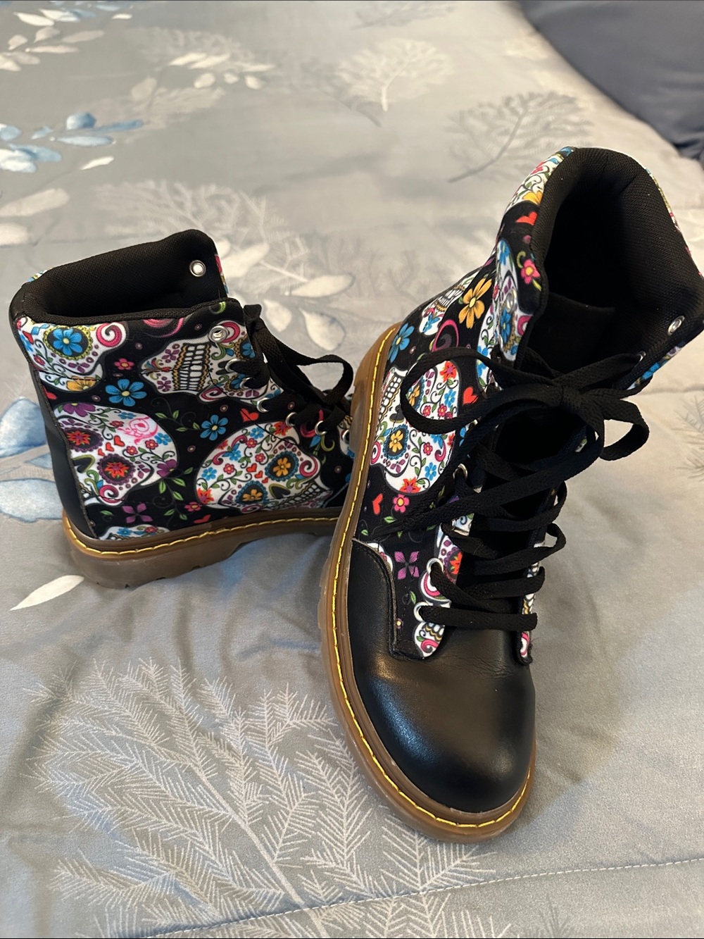 NWOT Black Floral Sugar Skull Combat Boots Sz W9.5 M8.5 EU41 UNBRANDED - Picture 4 of 15